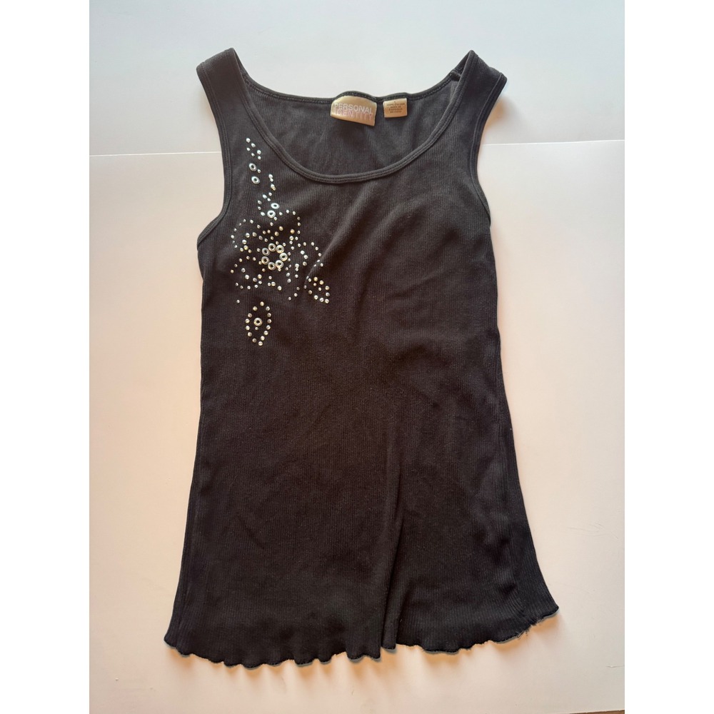 Y2K Personal Identity Black Ribbed Studded Floral Tank Top Lettuce Hem Large